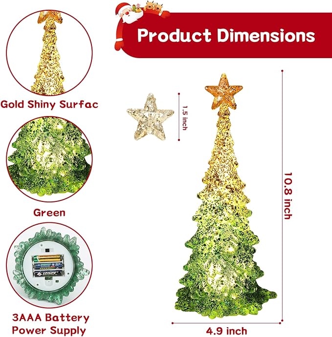 11 Inch Tabletop Christmas Tree with Sparkling Glitter - Battery Operated Acrylic Lighted Christmas Tree for Home Office Fireplace Christmas Holiday Decoration Festive Decor Gift, White Glow
