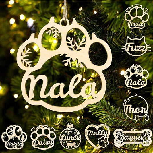 Personalized Dog Cat Paw Ornament Christmas, Custom Pet's Name Ornament, Customized Wooden Cat Paw Ornaments for Christmas Tree