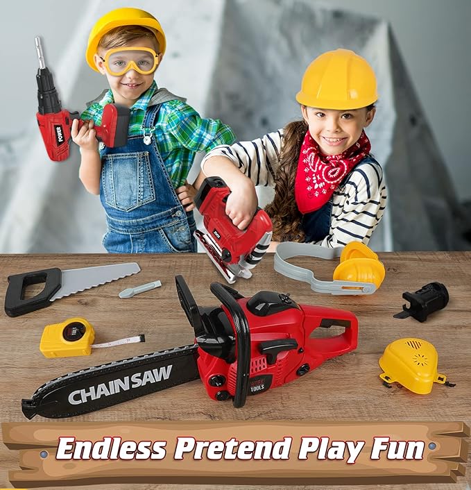 WishaLife Kids Tool Set - Toddler Tool Set with Toy Chainsaw, Drill, Pretend Play Construction Tools Toy Gift for Boys, Girls Age 3 4 5 6 7