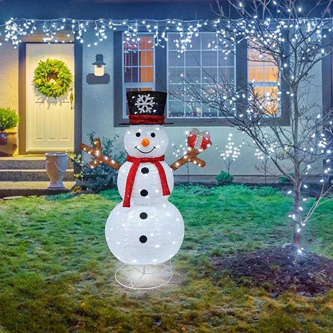 Outdoor Snowman Lighted, Pop-Up Snowman Outdoor Yard Christmas Decorations Prelit 100 Lights, Collapsible Lighted Snowmen Wears Red Scarf and Holds Light Up Gift Box for Home Porch Yard Décor-Red
