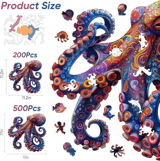 Octopus Puzzles for Adults 500 Pieces, 5MM Thick Wooden Jigsaw Puzzles, Unique Shape Puzzle Ocean Wood Puzzles for Adults and Kids Birthday Gifts Family Game 16.9 * 16.9inch