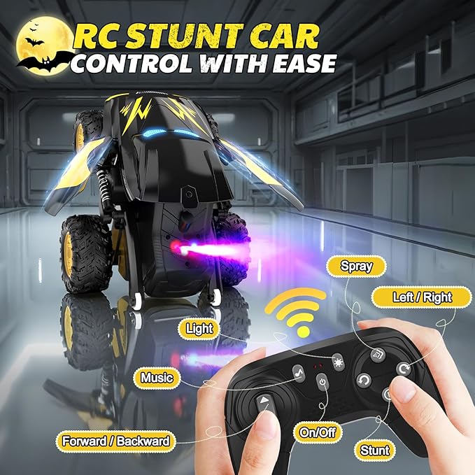 Remote Control Car, RC Cars Stunt Car Toy, 2.4GHz Rechargeable RC Cars with Spray and Music, Ideal Birthday Toys for Boys Age 6 7 8 9 10 11 12