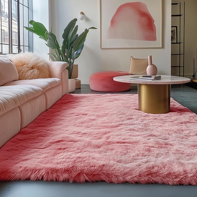 PAGISOFE Shaggy Fluffy Area Rugs Carpets for Girls Room Baby Nursery Teens Rooms 4x6 Feet Pink Plush Fuzzy Shag Rugs for Kids Bedroom Home Decor Aesthetic Coral Furry Rug, Blush
