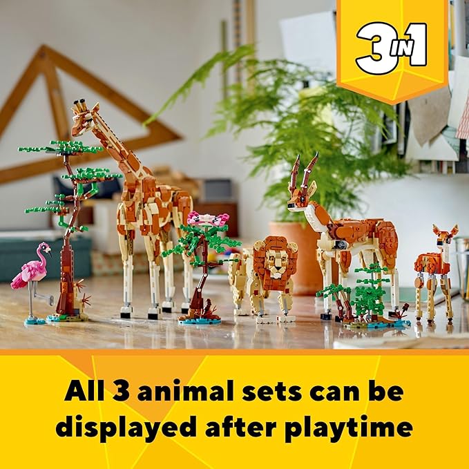 LEGO Creator 3 in 1 Wild Safari Animals, Rebuilds into 3 Different Safari Animal Figures - Giraffe Toy, Gazelle Toy or Lion Toy, Nature Toy, Building Set for Kids Ages 9 Years Old and Up, 31150