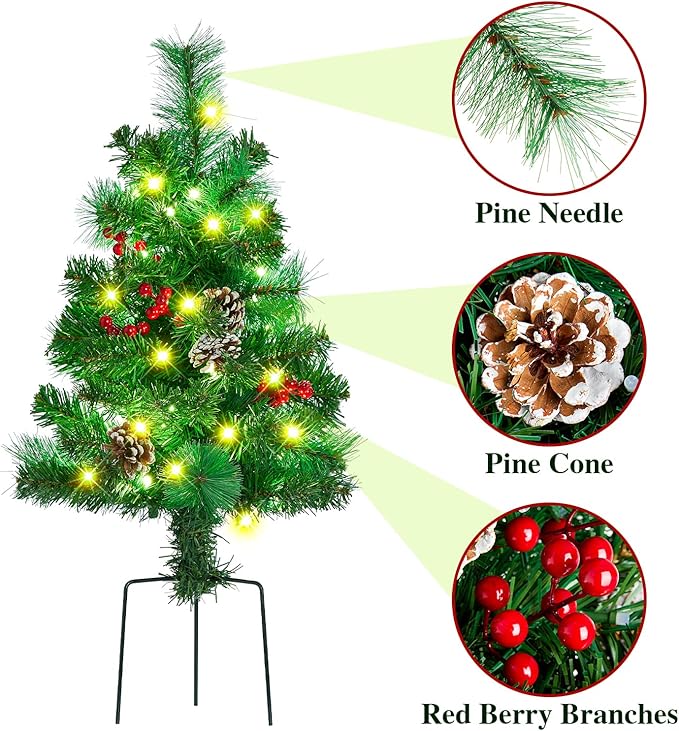 2 Pack of 28 INCH Pre-Lit Artificial Pathway Christmas Trees,Outdoor Christmas Tree for Porch,Yard,Driveway,Lighted Christmas Tree with Pine Cones,Red Berries and Red Ornaments Home Decoration