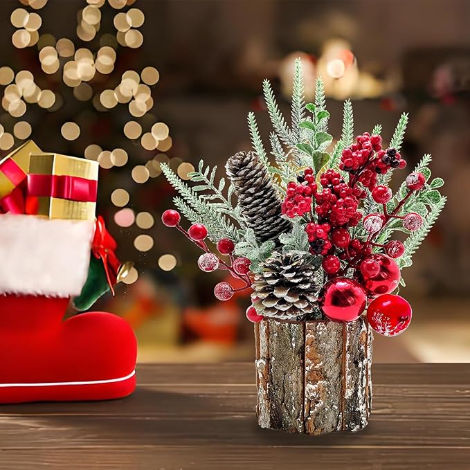 Small Christmas Tree, Artificial Mini Tabletop Decorations with Pine Cones Red Berries for Home Party Christmas Decorations Winter Indoor Outdoor