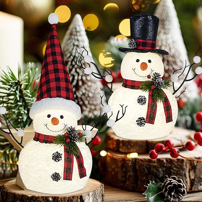 2 Pack Christmas Table Decorations, 14" Lighted Plush Snowmen Christmas Trees with Pine Cone Twigs, Light Up Snowman Holiday Present, Battery Operated Xmas Gifts Tabletop Ornaments (Black and Red)
