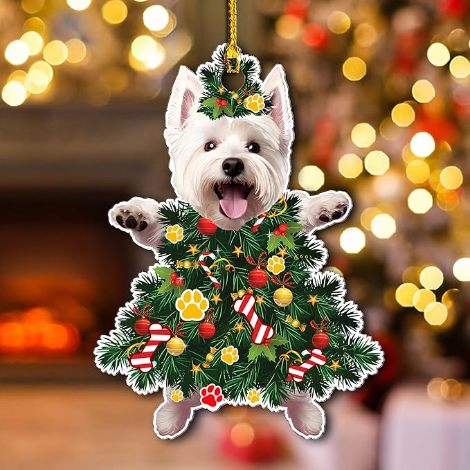 2025 West Highland White Terrier Dog Christmas Ornament - Adorable Dog Dressed as a Christmas Tree - Fun and Festive Acrylic Decoration