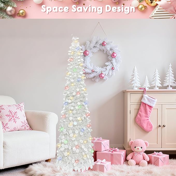 BTU Pop Up Christmas Tree, 5FT Collapsible Artificial Christmas Tree with 90 LED Lights, Tinsel Small Pencil Christmas Tree for Home Holiday Fireplace Party Indoor Outdoor Xmas Decorations (White)