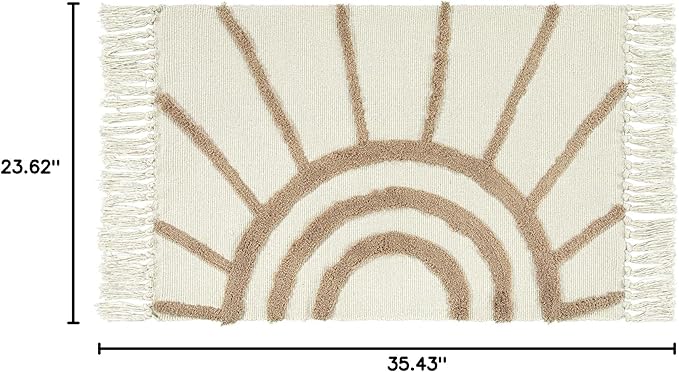 OJIA Boho Bathroom Rug 2'x3', Handwoven Washable Bath Mat with Tassels, Bohemian Beige Small Rug Entry Rug, Farmhouse Tan Sun Tufted Kitchen Runner Cotton Throw Rug for Bedroom/Laundry Room