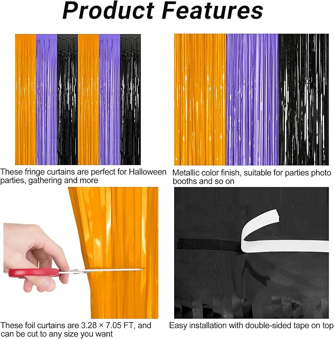 2 Pack Halloween Backdrop, 3.28 FT x 7.05 FT Foil Fringe Curtains, Orange Purple Black Party Streamer Tinsel Backdrop Curtains, Halloween Decorations Door Decor Photo Props Party Supplies