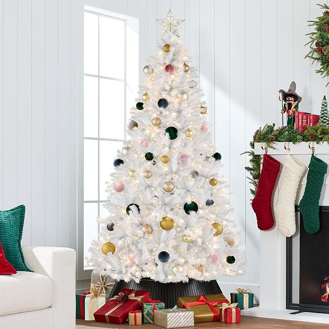 Best Choice Products Artificial Christmas Tree, 7.5ft Premium Pre-Lit Realistic Spruce Holiday Décor w/Dense Branches, Metal Base - White Spruce