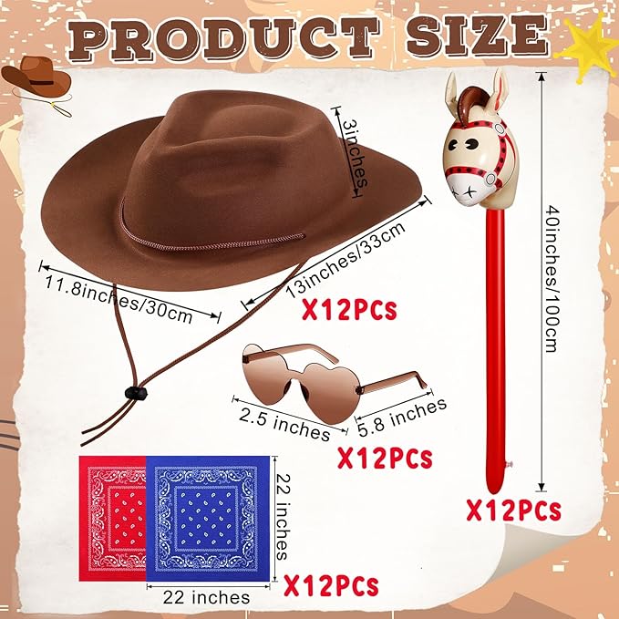 Xtinmee 48 Pcs Kids Cowboy Party Favor with Cowboy Hats Inflatable Stick Horses Bandanas Heart Glasses for Kid Costume(Brown)