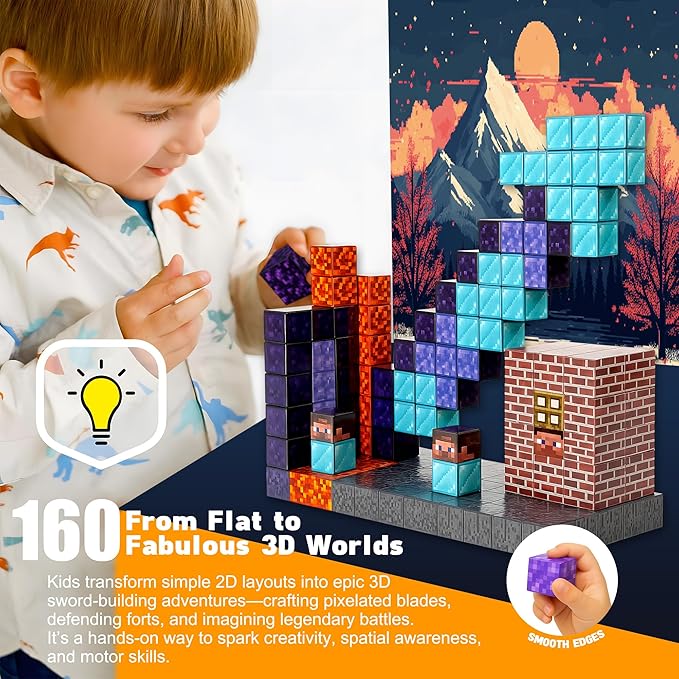 Magnetic Blocks 160PCS - Sword Theme Construction Cubes, STEM Preschool kit, Safe ABS no-Odor, CPC ASTM Certified, Travel-Ready Ages 3–12, Perfect for Birthday
