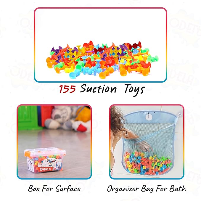 ODELA Genius Suckers 155Pcs Suction Toy Kids Sensory Toys – Baby Toy Suckers Building Toys – STEM Development Sucker Toys for Kids – Colorful Suction Toy for 3 Year Olds – Interactive Bath Toy Set