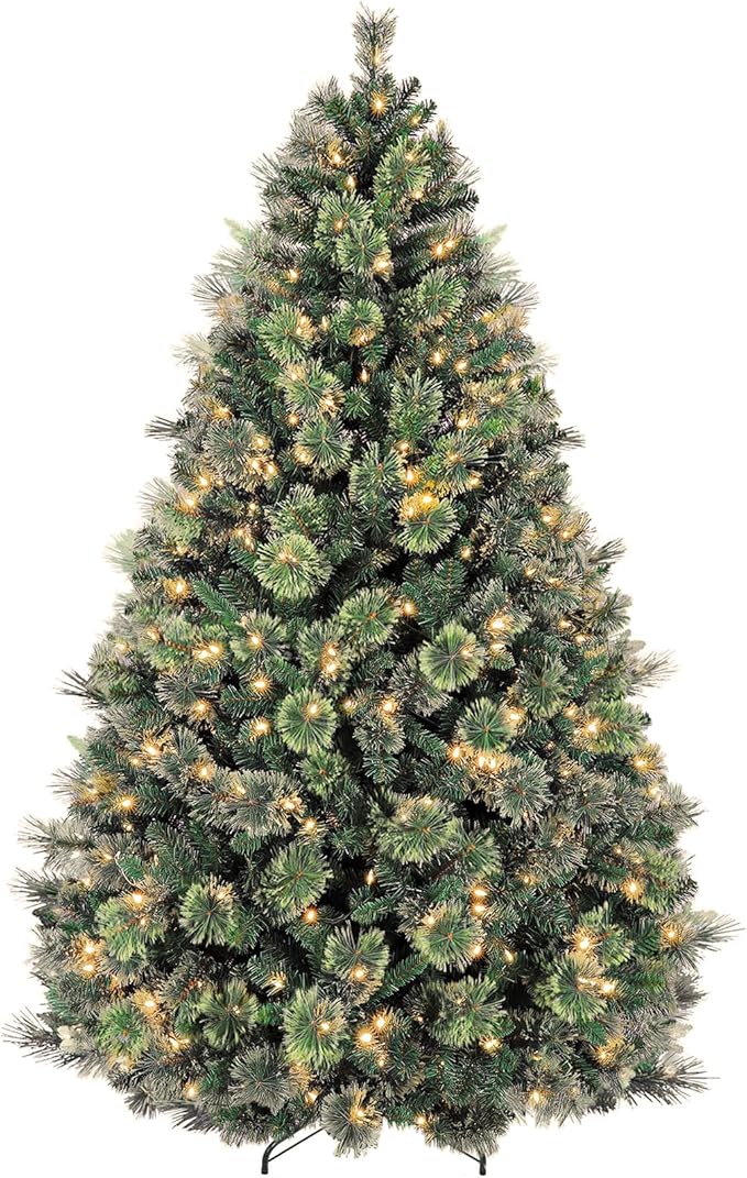 7.5 ft Prelighted Pine Christmas Tree, Artificial Christmas Tree with 450 Warm White Lights, 1580 PVC Branch Tips, Premium Stand, Easy Assembly for Indoor Holiday Decorating