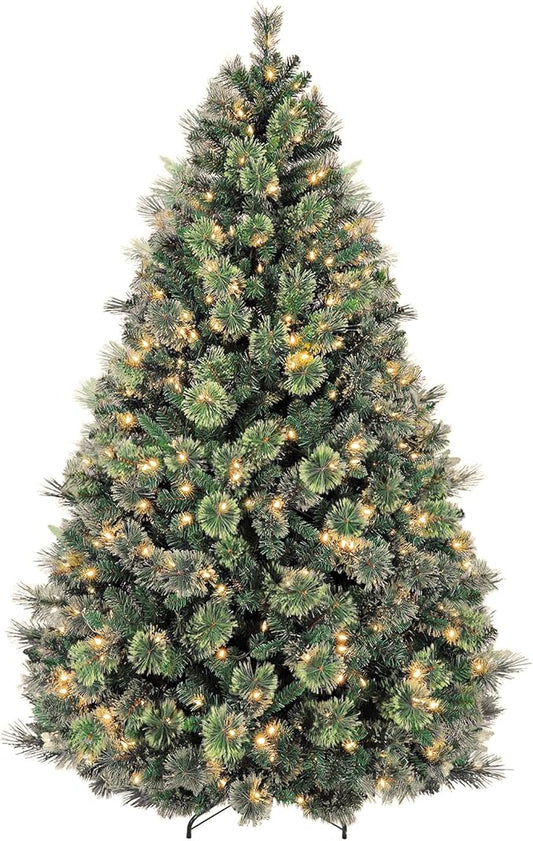 7.5 ft Prelighted Pine Christmas Tree, Artificial Christmas Tree with 450 Warm White Lights, 1580 PVC Branch Tips, Premium Stand, Easy Assembly for Indoor Holiday Decorating