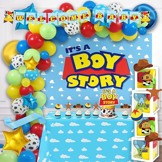135 PCs Cartoon Toy Baby Shower Decorations, Homond Toy Themed It’s A Boy Story Decorations Backdrop Balloon Garland Arch Banner Box Cutout Tablecloth Cake Cupcake Topper Sash Blue