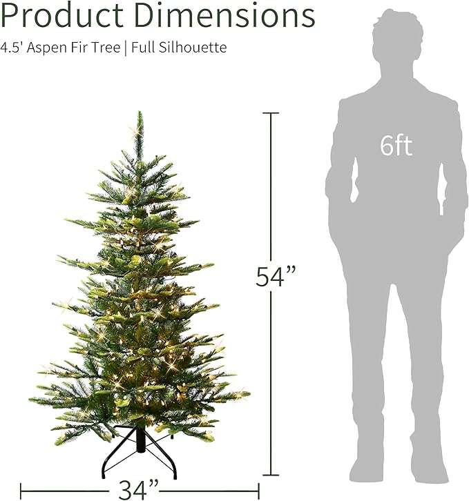 Puleo International 4.5ft Pre-Lit Aspen Fir Artificial Christmas Tree with 250 Clear Lights, 411 Realistic Dense Branch Tips, Easy Setup Artificial Trees with Sturdy Metal Stand