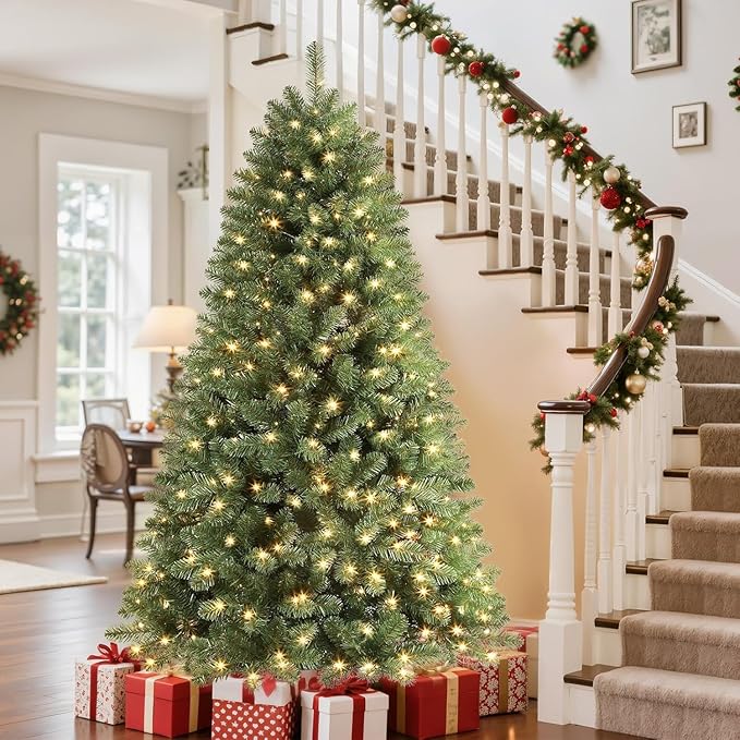 6FT Prelit Fluffy Noble Fir Artificial Christmas Tree with 500 Multicolor Lights& 9 Modes, Hinged Branches& 1400 Tips, Artificial Christmas Tree Includes Stand with Foot Switch for Holiday Home Decor