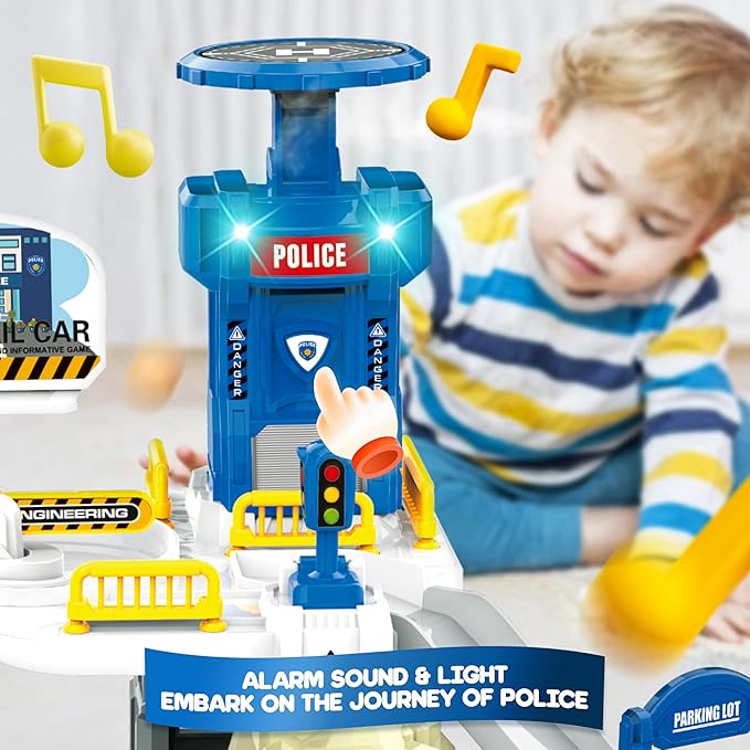 Race Tracks for Kids Ages 3-5, SMILESSKIDDO 73 PCS Police Car Tracks Toys Gifts for Boys Kids with Music and Engineering Scene Simulation, Construction Car Toddler Boy Toys Gift for Ages 3+