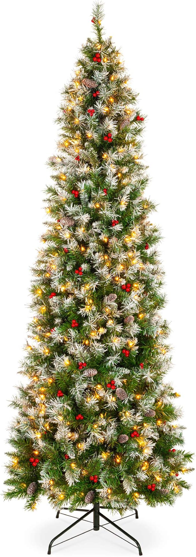 Best Choice Products 12ft Pre-Lit Pencil Christmas Tree, Partially Flocked Pre-Decorated for Home, Skinny Frosted Holiday Tree w/ 1,818 Tips, 700 Lights, Pine Cones, Metal Hinges & Base