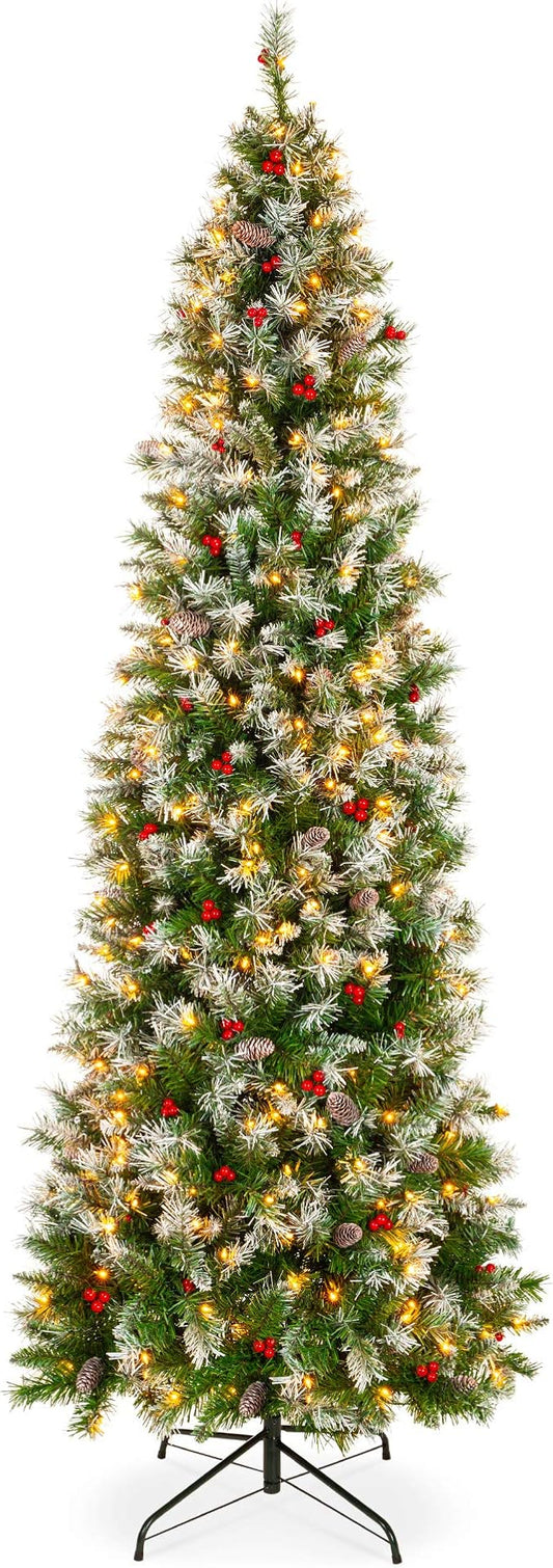 Best Choice Products 12ft Pre-Lit Pencil Christmas Tree, Partially Flocked Pre-Decorated for Home, Skinny Frosted Holiday Tree w/ 1,818 Tips, 700 Lights, Pine Cones, Metal Hinges & Base