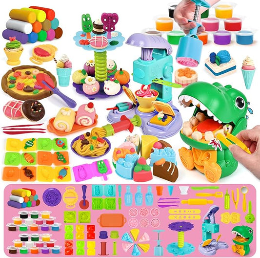 93 PCS 4 in 1 Dough Sets for Kids Ages 3-4-8, Art Crafts Dough Tools Kit, Dinosaur Dentist Playset, Ice Cream, Mooncake Maker Machine, Dessert Rack, Kitchen Creations Food Play Toys Boys Girls