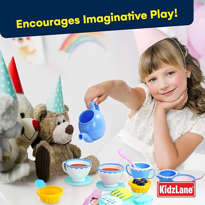Kidzlane Play Tea Set for Little Girls - Kids Party With Water Activated Color Changing Cups and Cookies - 34 Piece Toy for Girls - Dishwasher Safe Plastic