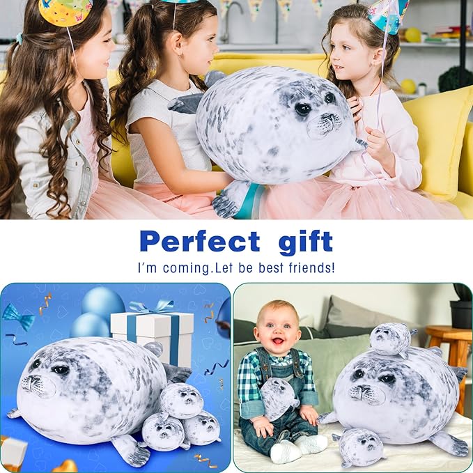 Achwishap 4pcs Seal Plush Pillow,Seal Stuffed Animal Mommy with 3 Seal Baby Plush Toy,Cute Plushie Seal Hugging Pillow Cuddle Plushie for Kids Girls Boys Gifts(Seal Family,19.6”,Gray)
