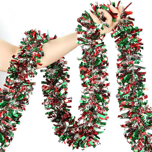 50 Feet Christmas Tinsel Twist Garland - Metallic Tree Hanging Decorations for Party Supplies (Red, Green and Silver)