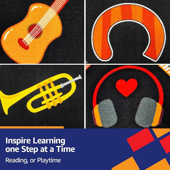 Music Classroom Rug Carpet 6'5"x10' Music Room Rug Kids Room Guitar Carpet Non Slip Washable Soft Black Classroom Playmat for Elementary, Preschool, Nursery, Playroom