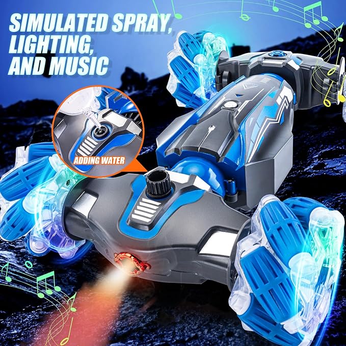 4WD Stunt Car, 2.4 GHz Gesture Sensor RC Cars, Double-Sided Vehicle 360° Flip RC Twist Buggy with Music Spray - Best Christmas and Birthday Present for Boys and Girls Aged 6-12 (Blue)