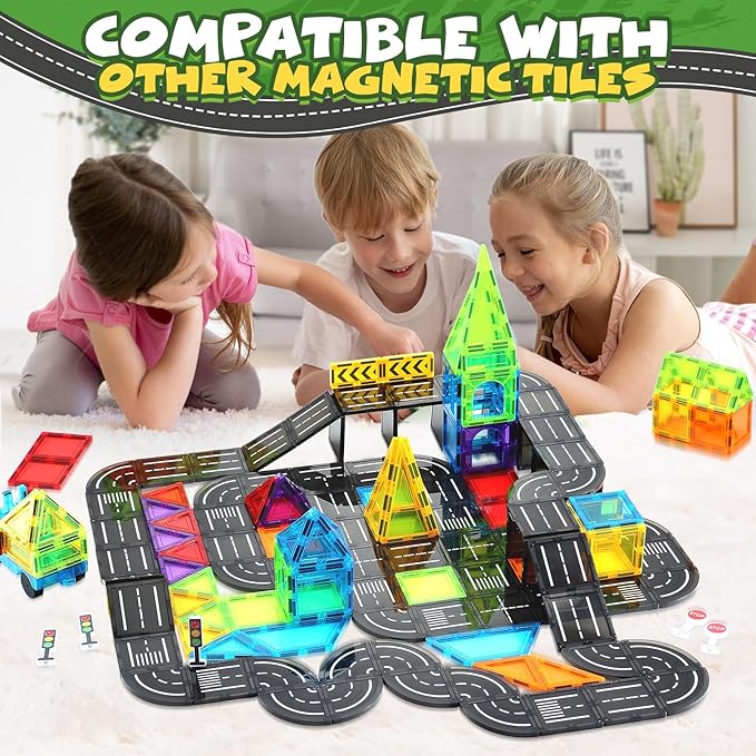 Magnetic Tiles, Construction Magnetic Road Tiles Set, STEM Road Blocks Building Tile, Educational Magnets Tile Toys for Boys Kids Toddlers Ages 3 4 5 6 7 8 9+ Year Old Gifts