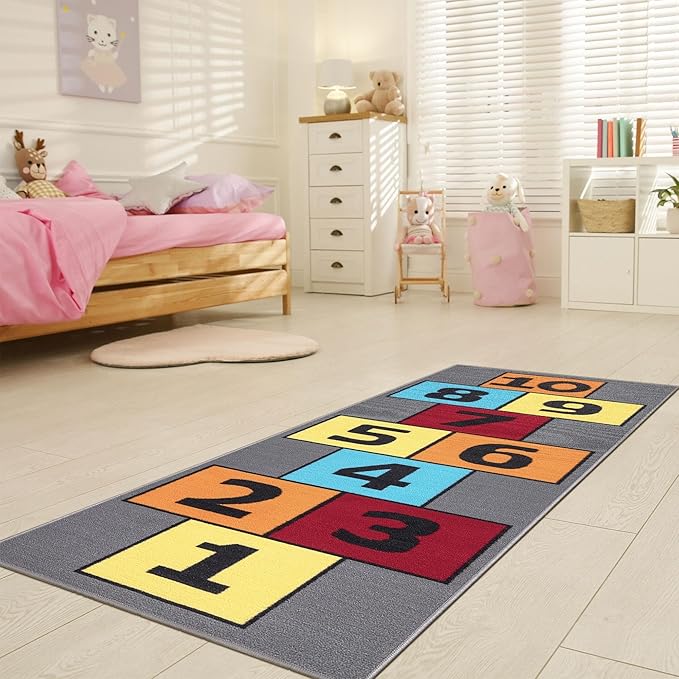 Ottomanson 2'7" x 6' Hopscotch Kids Rug - Play Mat for Playroom, Bedroom, Daycare & Classroom - Fun & Interactive Game Carpet - Durable and Non-Slip - Perfect for Learning & High-Traffic Areas, Gray
