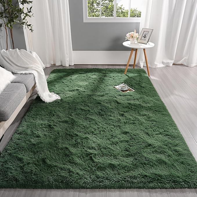 Pettop Fluffy Deep Green Area Rug for Bedroom Living Room, 3x5 Feet Super Soft Shaggy Plush Fuzzy Rugs for Girls Kids Boys, Non-Slip and Washable Rug for Nursery Classroom, Carpet for Rooms Decor