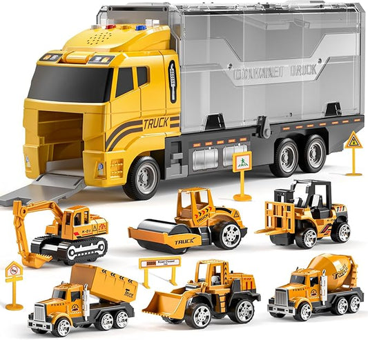 TEMI Construction Truck Set with Play Mat, Carrier Truck Toys for Kids Toddlers, Die-Cast Metal Toy Car Set, Christmas Birthday Gift for Age 3 4 5 6 + Years Old Boys Girls