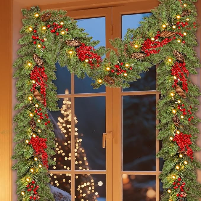 Christmas Garland Lighted Indoor Outdoor Decorations Artificial Christmas Garlands with Light Mantel Pine Cone Red Berries for Door Porch Holiday Party Outdoor Indoor Xmas Decor 6FT