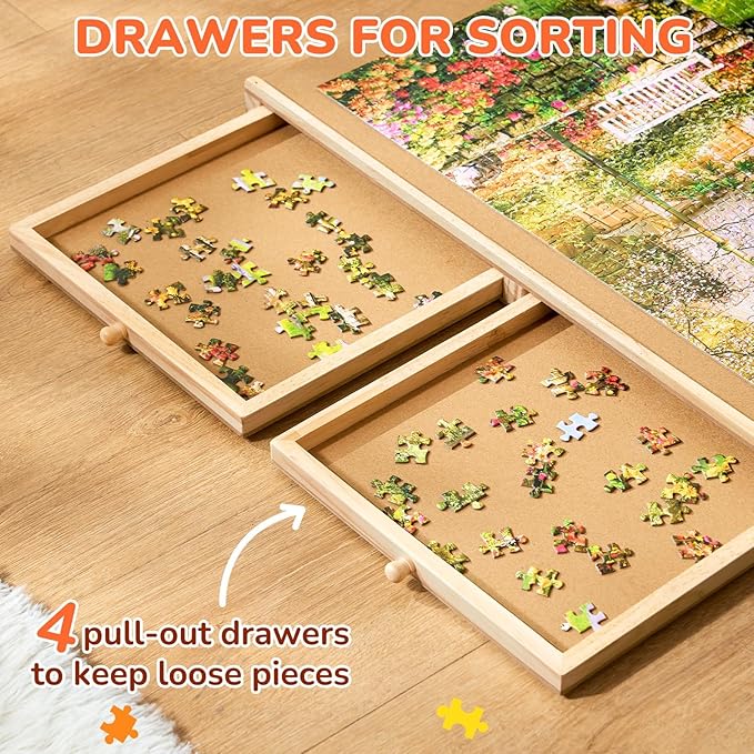 Gamenote 1500 Pieces Rotating Jigsaw Puzzle Table with Cover, Portable Large Puzzle Board with Drawer, Wooden Smooth Plateau Work Surface for Kids Family Game