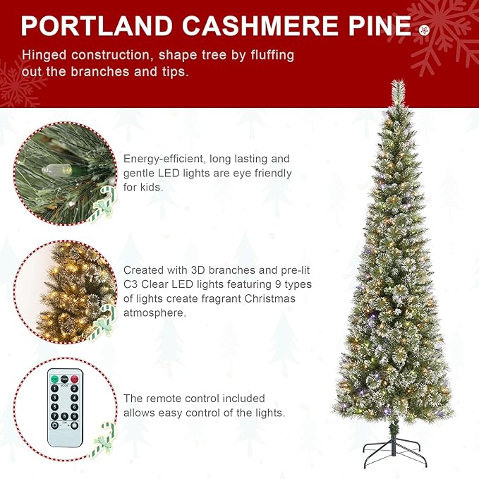 Glitzhome 7.5ft Prelit Christmas Tree, Artificial Christmas Tree, Hinged Pencil Christmas Trees Portland Cashmere Pine with 250 Warm White/Multi-Color Lights, 9 Function w/Remote Control