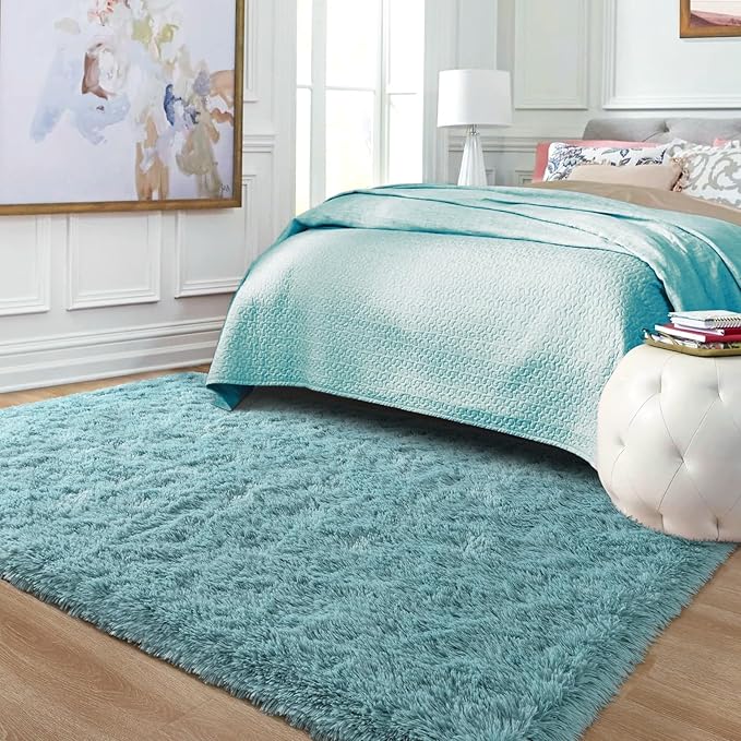 Ompaa Ultra Soft Fluffy Bedroom Rugs Memory Foam Carpet, 6x9 Feet Dark Cyan Area Rugs, Shaggy Living Room Rug Fuzzy Accent Carpets for Kids Girls Rooms, Modern Apartment Dorm Indoor Home Decor