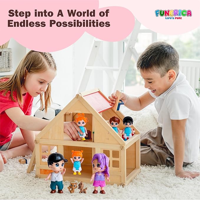 Funerica Dollhouse People, 8 Family Figures and Pets Playset - Bendable Little People Figures - Perfect for Imaginative Fun and Dollhouse Play - Play Doll House Accessories