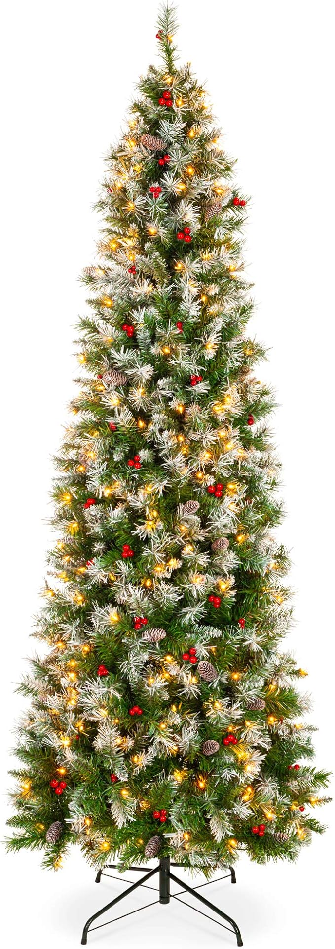Best Choice Products 6ft Pre-Lit Pencil Christmas Tree, Partially Flocked Pre-Decorated for Home, Skinny Frosted Holiday Tree w/ 618 Tips, 250 Lights, Pine Cones, Metal Hinges & Base