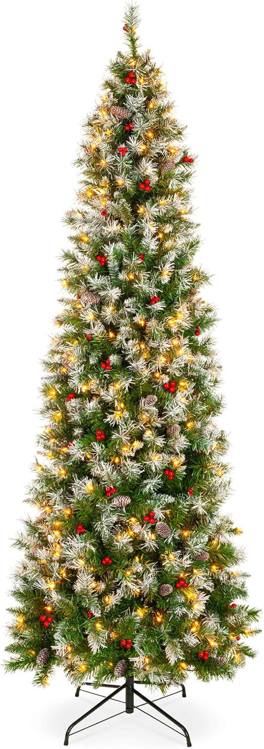Best Choice Products 6ft Pre-Lit Pencil Christmas Tree, Partially Flocked Pre-Decorated for Home, Skinny Frosted Holiday Tree w/ 618 Tips, 250 Lights, Pine Cones, Metal Hinges & Base