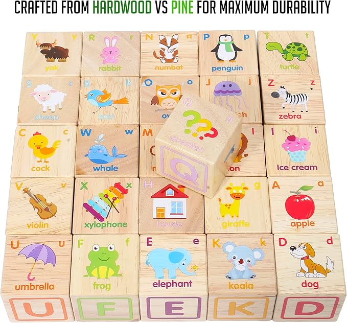 Montessori Mama Wooden Blocks for Toddlers 1-3 - Large 1.6" Hardwood Stacking Blocks with Letters, Shapes, Colors, and Images - Perfect for Early Development and Play