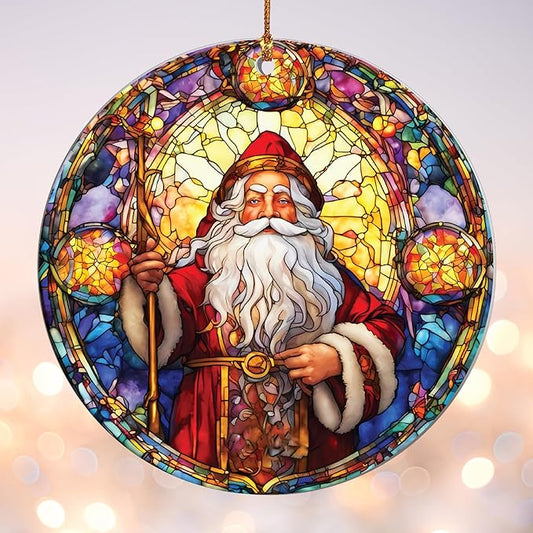 2025 Christmas Ornament – Vintage Cathedral Santa Stained Glass Acrylic Ornament, Navidad 2025 Tree Decoration, Religious Christmas Ornament for Classic Holiday Home Décor
