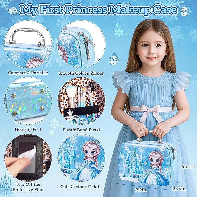 Kids Makeup Set for Girls Toys, 34Pcs Washable Princess Frozen Make Up Kit w/ Dress Up Accessories, Christmas Birthday Princess Gifts Toys for Girls Kids Toddlers Age 3 4 5 6 7 8 9 10 11 12