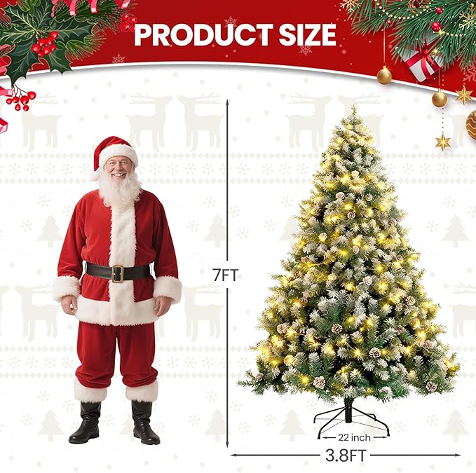 6ft Lighted Green Christmas Tree with Pine Cones and Snow Flocked Branches, 300 Warm White LED Lights, Realistic Artificial Xmas Tree with Metal Stand for Indoor Decoration