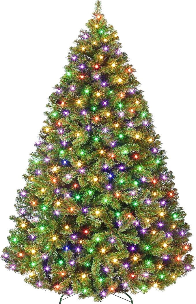 9FT Prelit Fluffy Noble Fir Artificial Christmas Tree with 900 Multicolor Lights& 9 Modes, Hinged Branches& 3500 Tips, Artificial Christmas Tree Includes Stand with Foot Switch for Holiday Home Decor
