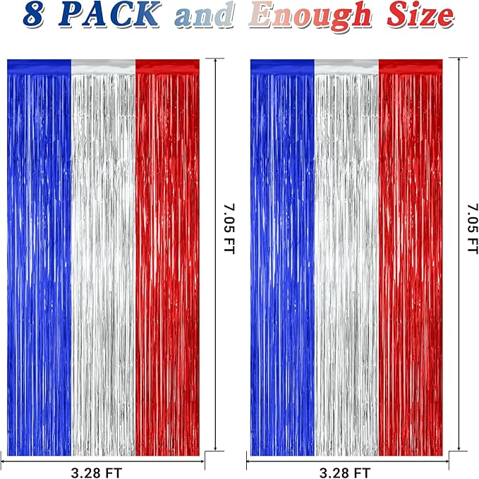8 Pack 4th of July Photo Backdrop, 3.28 FT x 7.08 FT Fourth of July Decorations, Metallic Blue Silver Red Patriotic Tinsel Backdrop Foil Curtains, Patriotic Independence Day Decorations